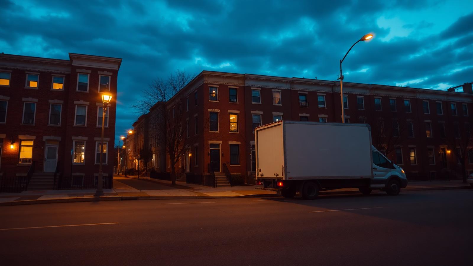 Moving truck parked on a Baltimore rowhouse street at dusk
