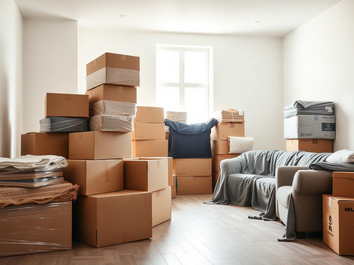 Wrapped boxes and blanket-protected furniture staged in a room