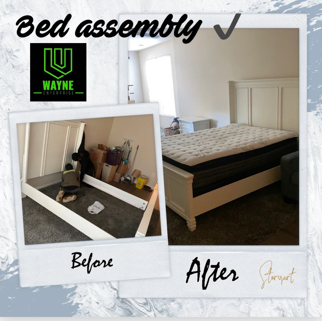 Before and after collage of a bed frame being assembled by Wayne's Enterprise